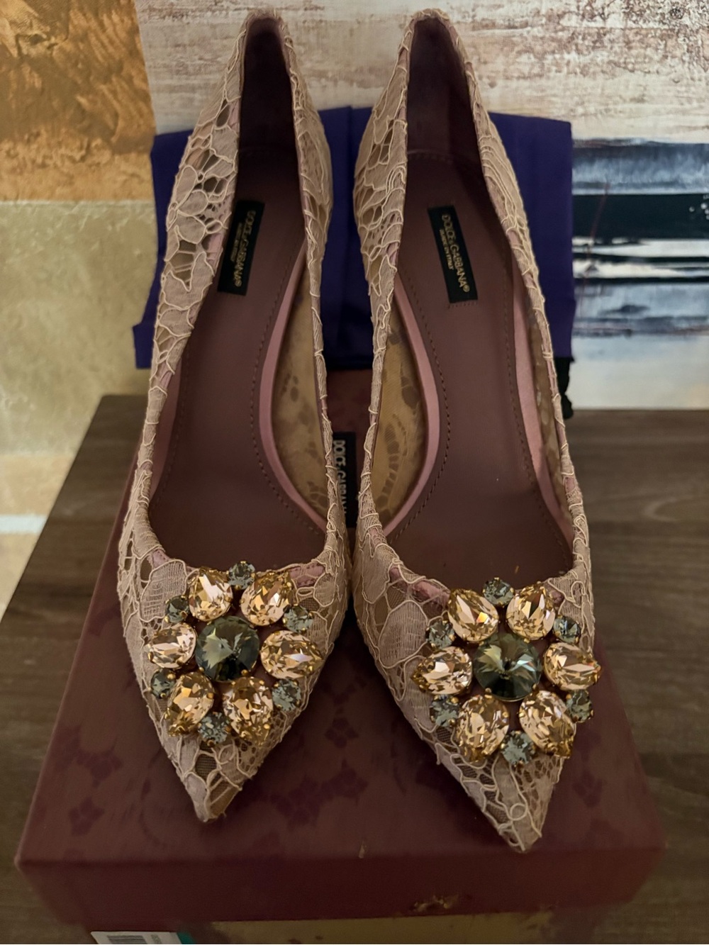 Dolce & Gabbana Blush Pink Lace Pointed Toe Flats with Crystal Cluster